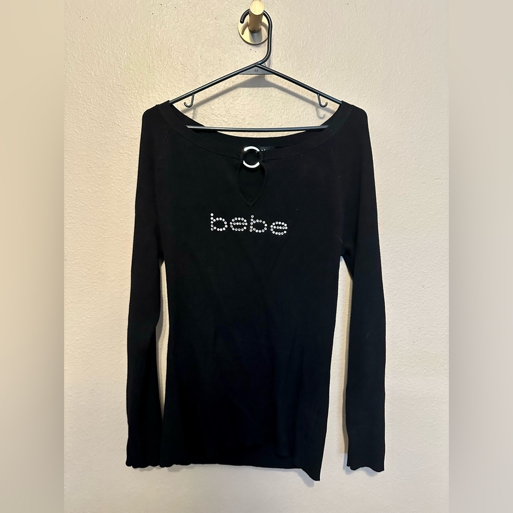 Bebe long sleeve blouse with rhinestone logo